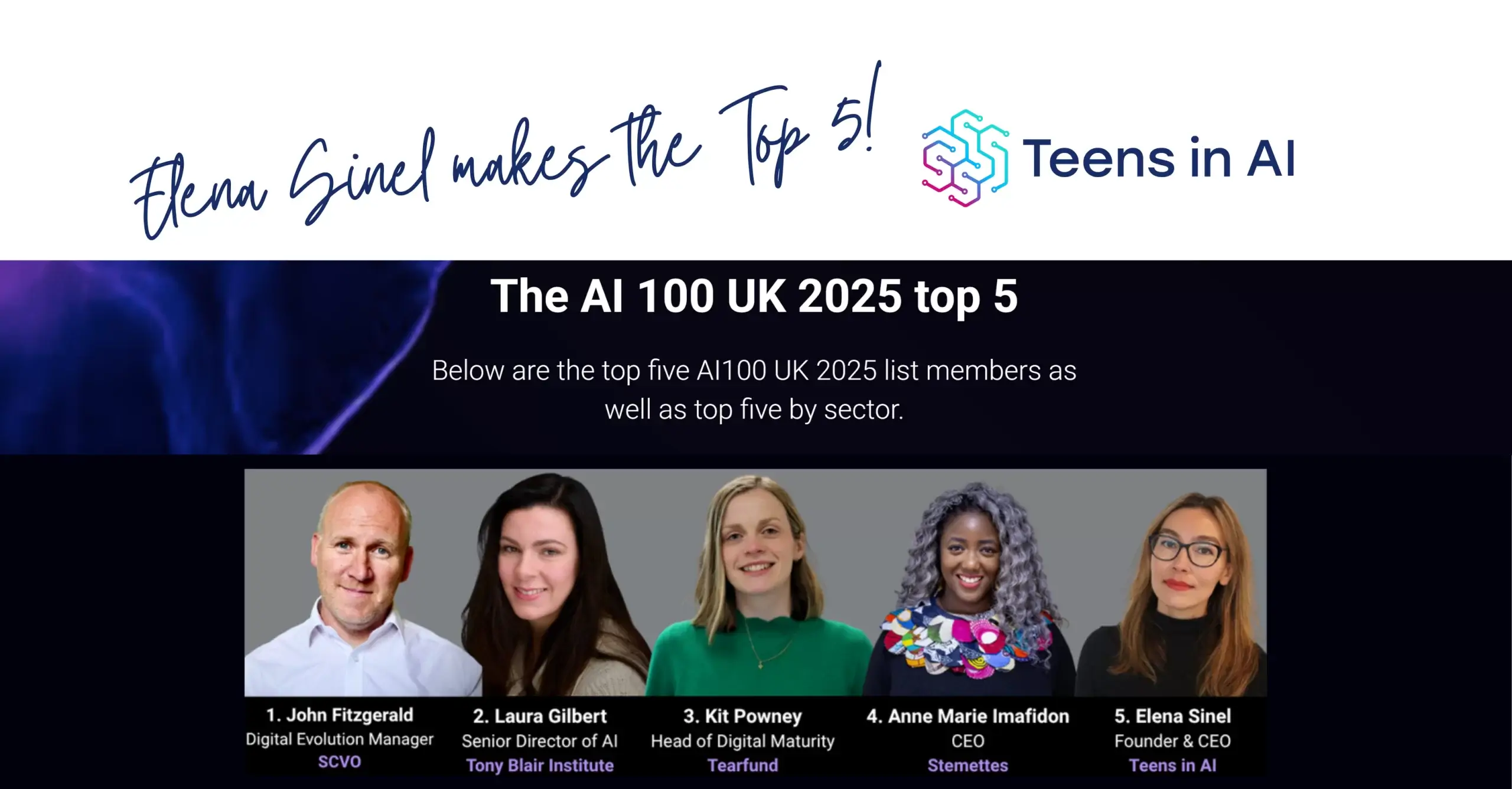 Teens in AI's Elena Sinel makes the cut in the Top 5 of the "AI100 UK 2025" list
