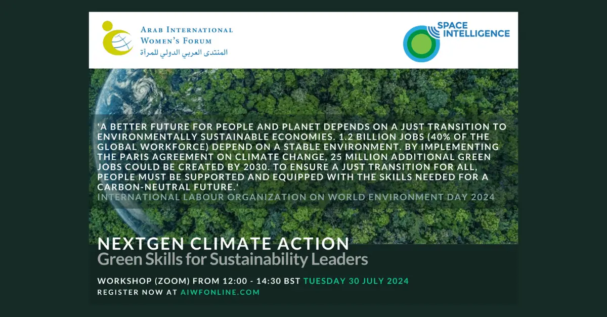 Elena Sinel speaks at the AIWF x Space Intelligence virtual workshop "NextGen Climate Action: Green Skills for Sustainability Leaders"
