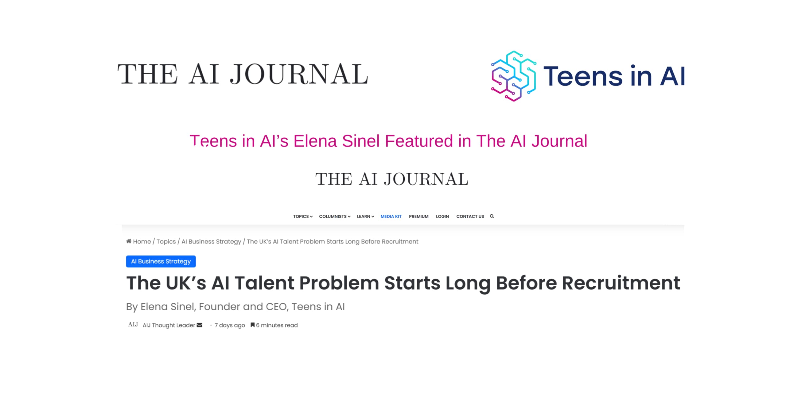 Teens in AI's Elena Sinel writes for The AI Journal - The UK's AI Talent Problem Starts Long Before Recruitment