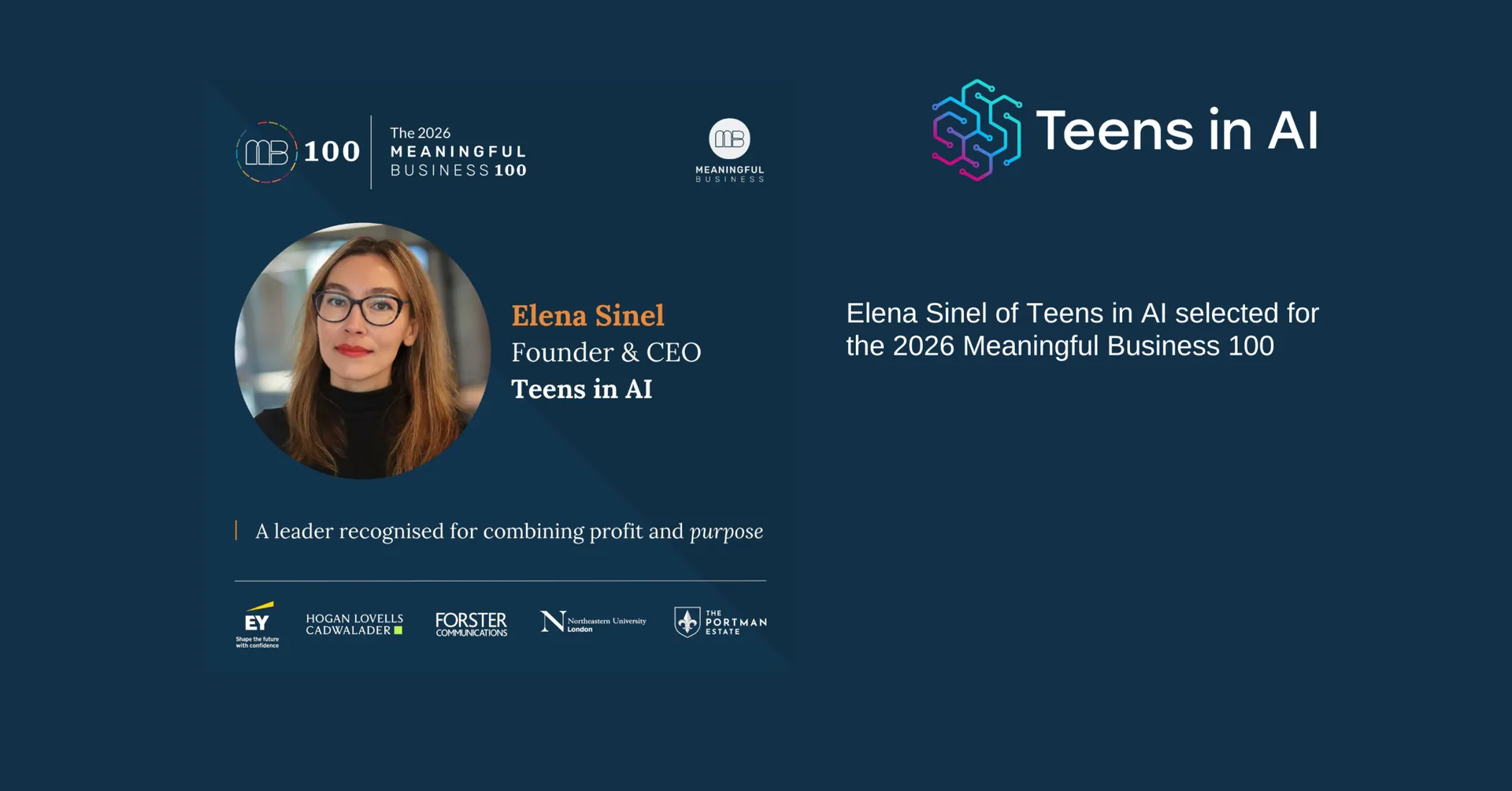 Elena Sinel of Teens in AI selected for the 2026 “Meaningful Business 100”