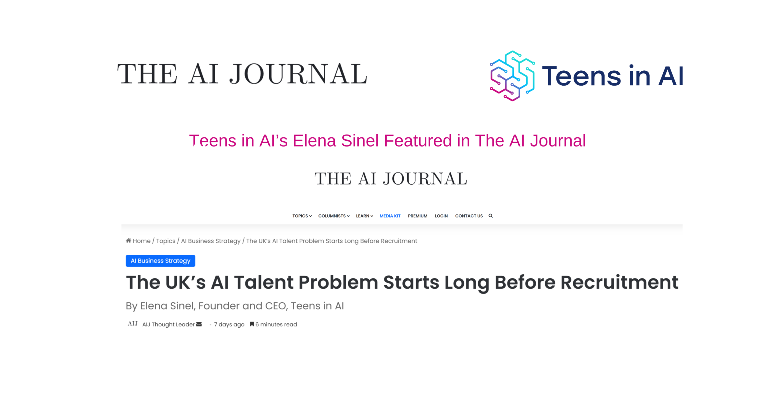 Teens in AI's Elena Sinel writes for The AI Journal - The UK's AI Talent Problem Starts Long Before Recruitment